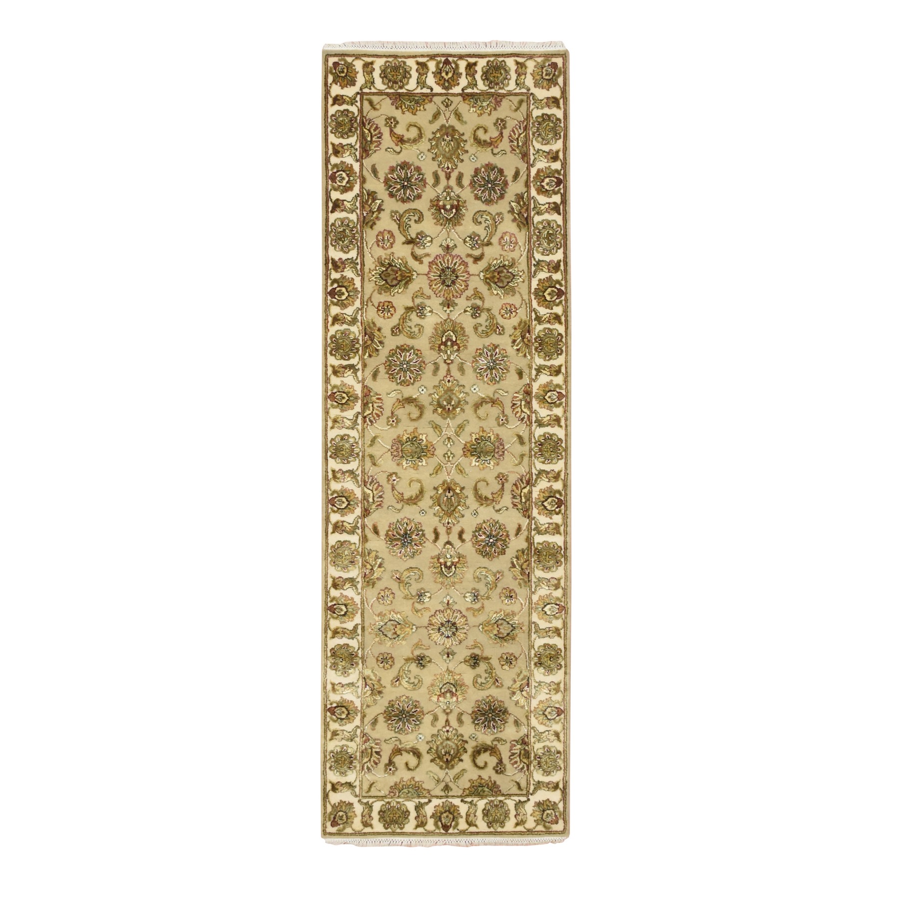 Dark Vanilla Brown, Rajasthan with All Over Leaf Design, Hand Knotted, Wool and Silk, Soft Pile, Thick and Plush, Runner, Oriental Rug